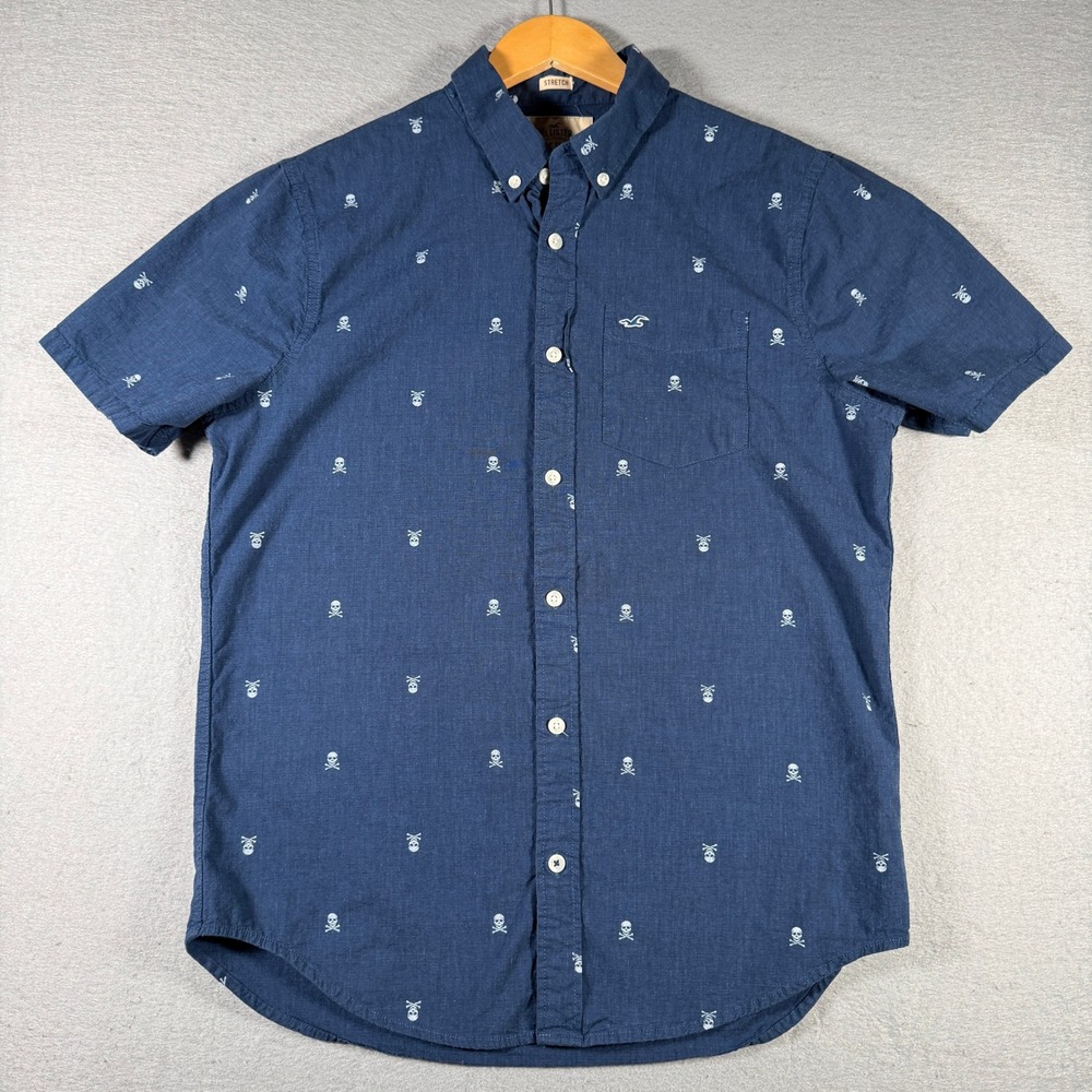 Hollister Mens Epic Flex Navy Blue Skull Crossbones Short Sleeve Button Down L